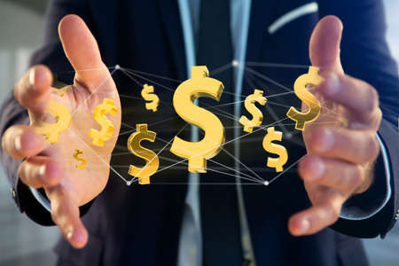 View of a Dollar sign flying around a network connection - 3d renderの写真素材