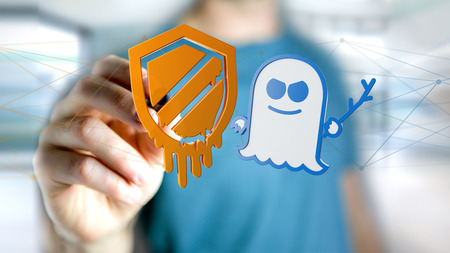 View of a Businessman holding a Meltdown and Spectre processor attack with network connection - 3d renderの写真素材