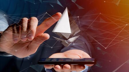 View of a Businessman using a smartphone with a Ethereum crypto currency sign flying around a network connection - 3d renderの写真素材