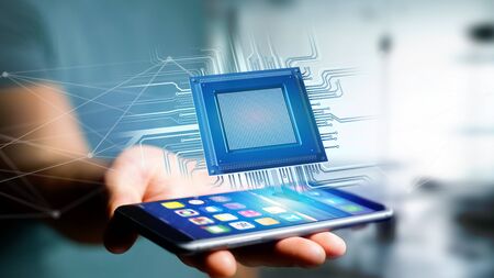 View of a Businessman using a smartphone with a Processor chip and network connection - 3d render