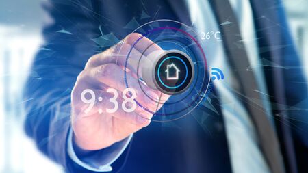 View of a Businessman holding a Button of a smart home automation app - 3d rendering