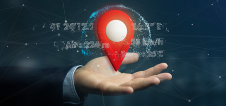 View of a Businessman holding a 3d rendering pin holder on a globe with coordinates