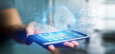 View of a Particles big data title holding by a manの写真素材