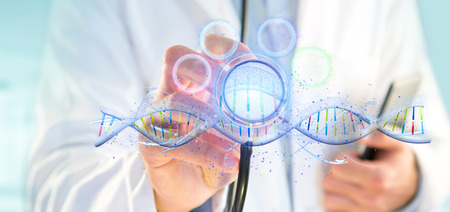 View of a Doctor holding a 3d render DNAの写真素材