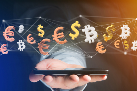 View of Dollar, Euro and Bitcoin signs flying around a network connection - 3d renderの写真素材