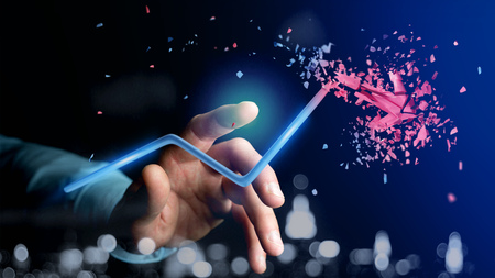 View of a Businessman holding a Financial arrow going up and explosing at the end - 3d rendering
