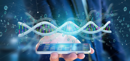 View of a Businessman holding a 3d rendering data coded Dna with binary file aroundの写真素材