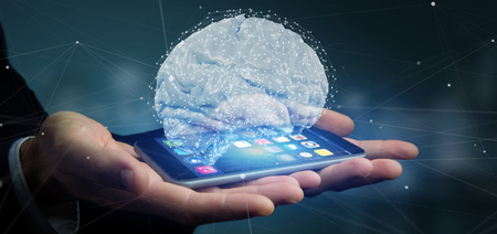 View of a Businessman holding a 3d rendering artificial brainの写真素材