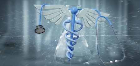 View of a 3d redering medical cadaceus and stethoscope isolated on a medical backgroundの写真素材