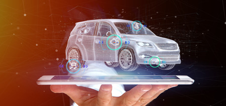 View of a Man holding a Smartcar with checkings 3d rendering