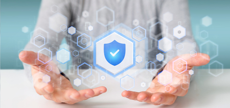 View of a Man holding a Shield web security concept 3d rendering