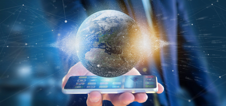 View of a Businessman holding a 3d rendering particles earth globe の写真素材