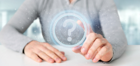View of a Man holding a Technology question mark icon on a circle 3d renderingの写真素材