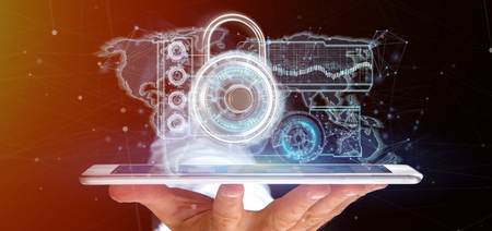 View of a Man holding a padlock security technology interface 3d renderingの写真素材