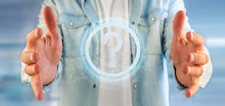 View of a Man holding a Technology question mark icon on a circle 3d renderingの写真素材