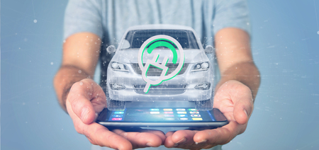 View of a Man holding an Electric smart car concept 3d rendering