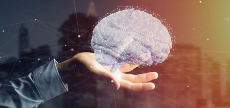 View of a Businessman holding a 3d rendering artificial brain