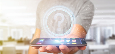 View of a Man holding a Technology question mark icon on a circle 3d rendering