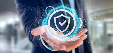 View of a Man holding a Shield web security concept 3d rendering