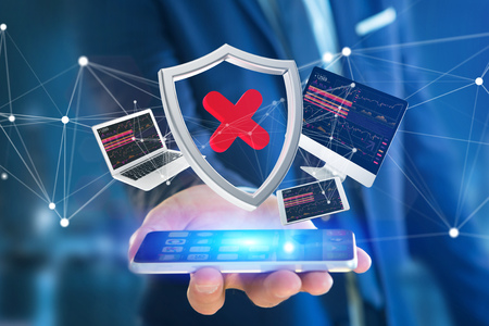 View of a Hacked shield symbol surrounded by devices and network displayed on a futuristic interface
