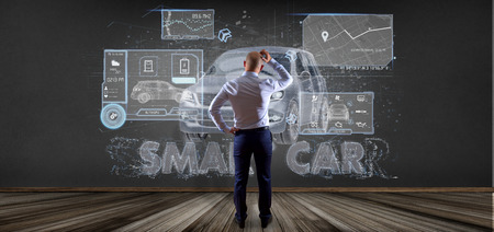 View of a Man holding a smartcar concept 3d rendering