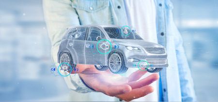 View of a Man holding a Smartcar with checkings 3d renderingの写真素材