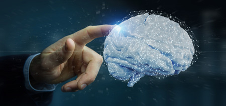 View of a Businessman holding a 3d rendering artificial brain