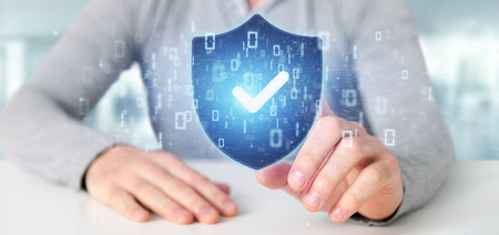 View of a Man holding a Shield web security concept 3d rendering