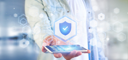 View of a Man holding a Shield web security concept 3d renderingの写真素材