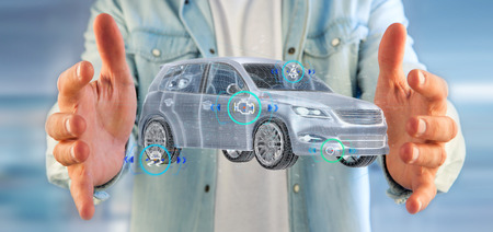 View of a Man holding a Smartcar with checkings 3d rendering