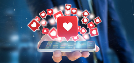 View of a Businessman holding Like notification on a social media 3d rendering