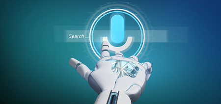 View of a Cyborg hand holding a ocal search system with button and icon 3d renderingの写真素材