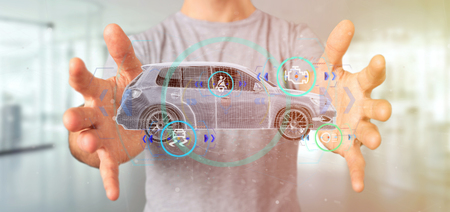 View of a Man holding a Smartcar with checkings 3d renderingの写真素材