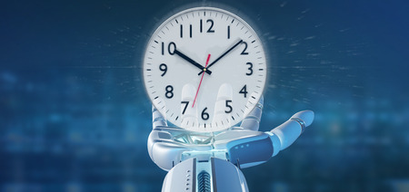 View of a Cyborg hand holding a Clock timer 3d rendering