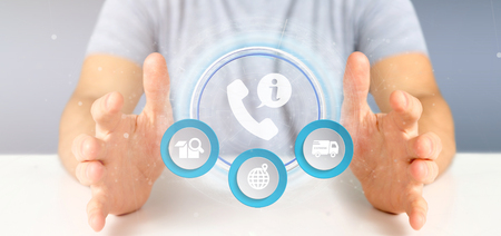 View of a Businessman holding a customer and assistance hotline service 3d rendering