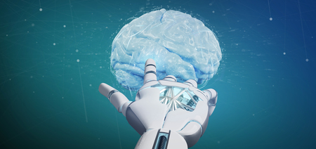 View of a Cyborg hand holding a  artificial brain 3d renderingの写真素材