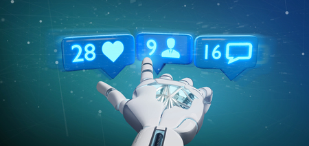 Cyborg hand holding Like, Follower and message notification on social network - 3d renderingの写真素材