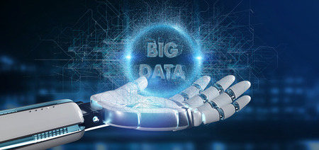 View of a Cyborg hand holding a Big data title 3d rendering