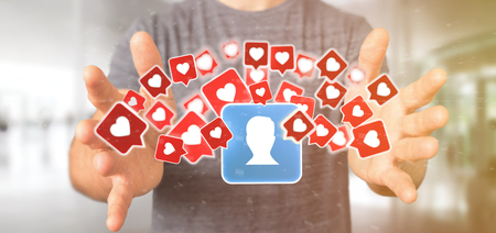 View of a Businessman holding  Like notification on a contact on a social media 3d rendering