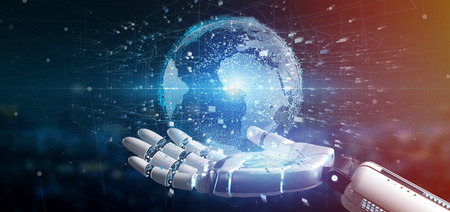 View of a Cyborg hand holding a  Connection around a world globe 3d rendering