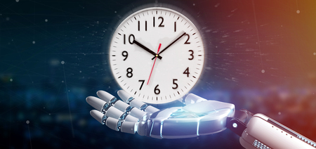 View of a Cyborg hand holding a Clock timer 3d rendering