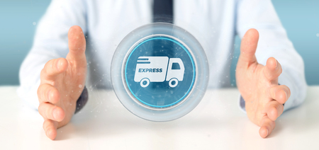 View of a Businessman holding a Fast delivery button with connection 3d renderingの写真素材