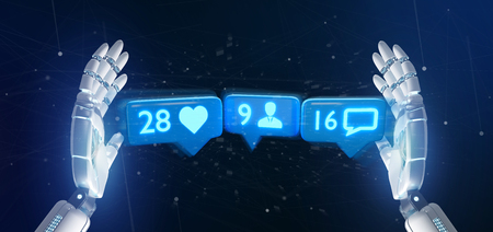 Cyborg hand holding Like, Follower and message notification on social network - 3d renderingの写真素材