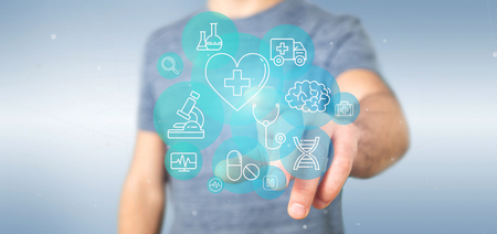 View of a Businessman holding Medical icon and connection 3d renderingの写真素材