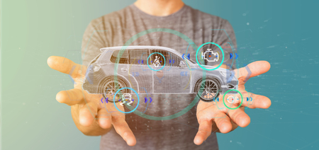View of a Man holding a Smartcar with checkings 3d renderingの写真素材