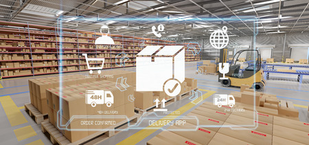View of a Logistic delivery service application on a warehouse background 3d rendering