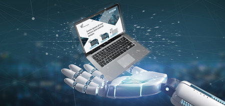 View of a Cyborg hand holding a Laptop with business website template on the screen isolated on a...
