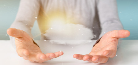 View of a Businessman holding a Weather forecast Sun and cloud 3d rendering