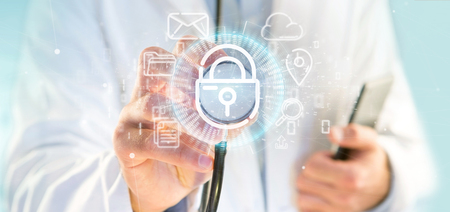 View of a Doctor holding a Security padlock wheel icon with multimedia and social media icon 3d...
