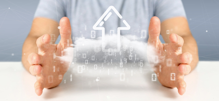 View of a Businessman holding a Binary cloud with upload internet arrow 3d renderingの写真素材